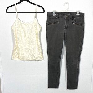 LOFT Bundle Cream Floral Lace Top and Black Denim Jeans